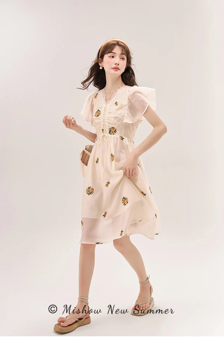 Mishow Van Gogh Sunflower Embroidered Butterfly Sleeve Dress MXC39L1524