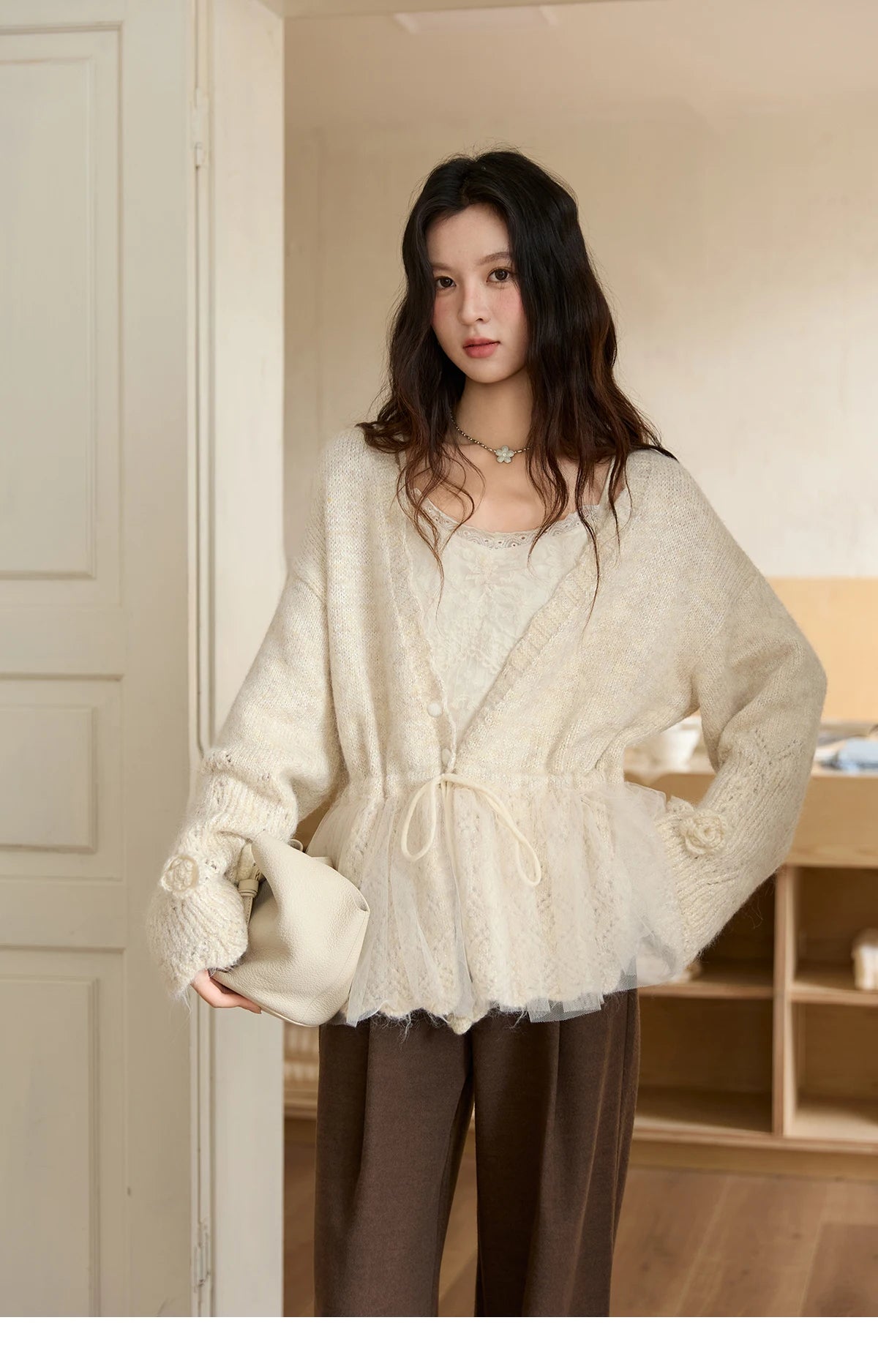 Mishow Apricot Mesh Flower Drawstring Cardigan MXE88Z2707