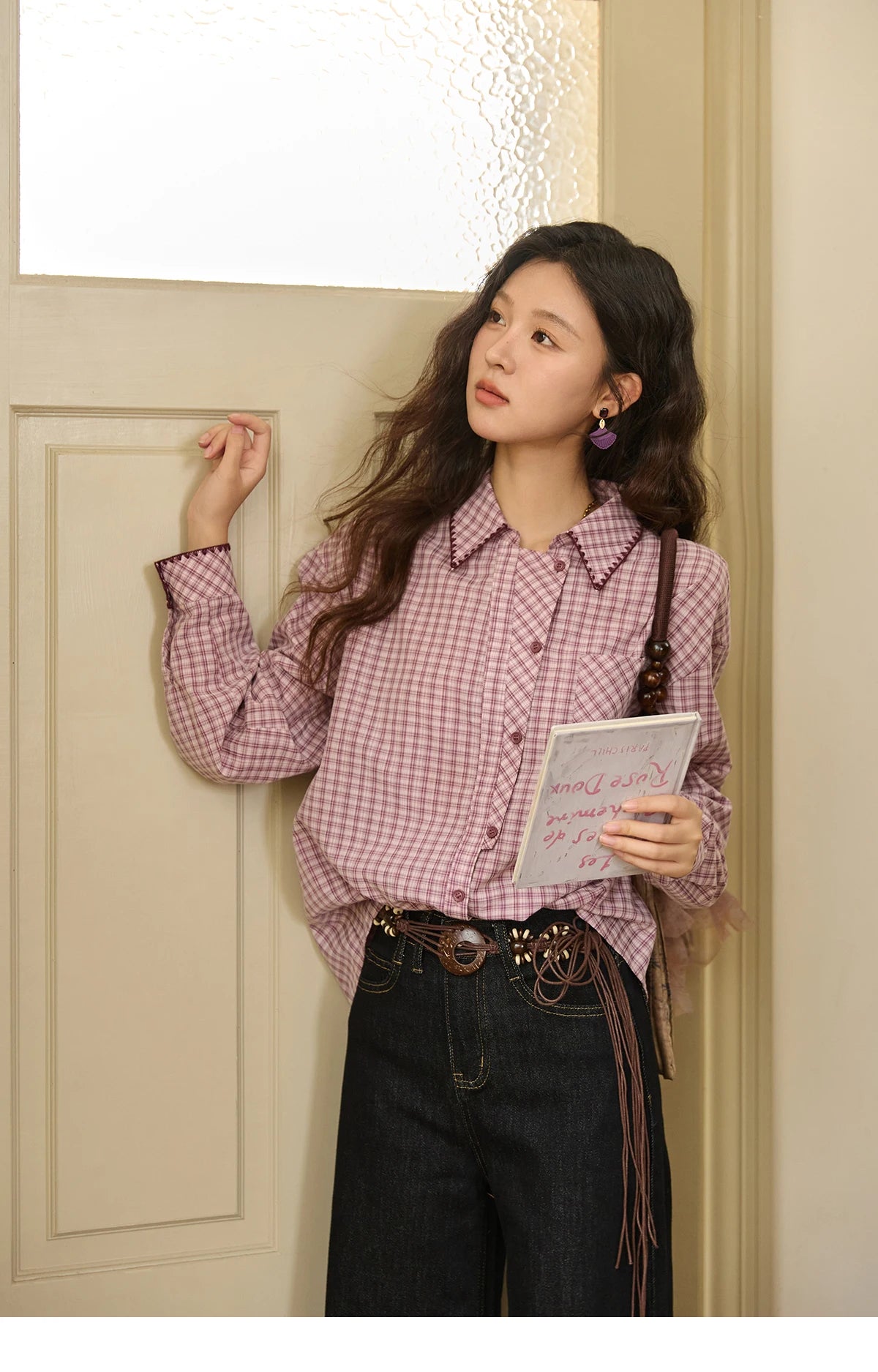 MISHOW Purple Plaid Shirt Contrast Embroidery Pocket MXE44C2394