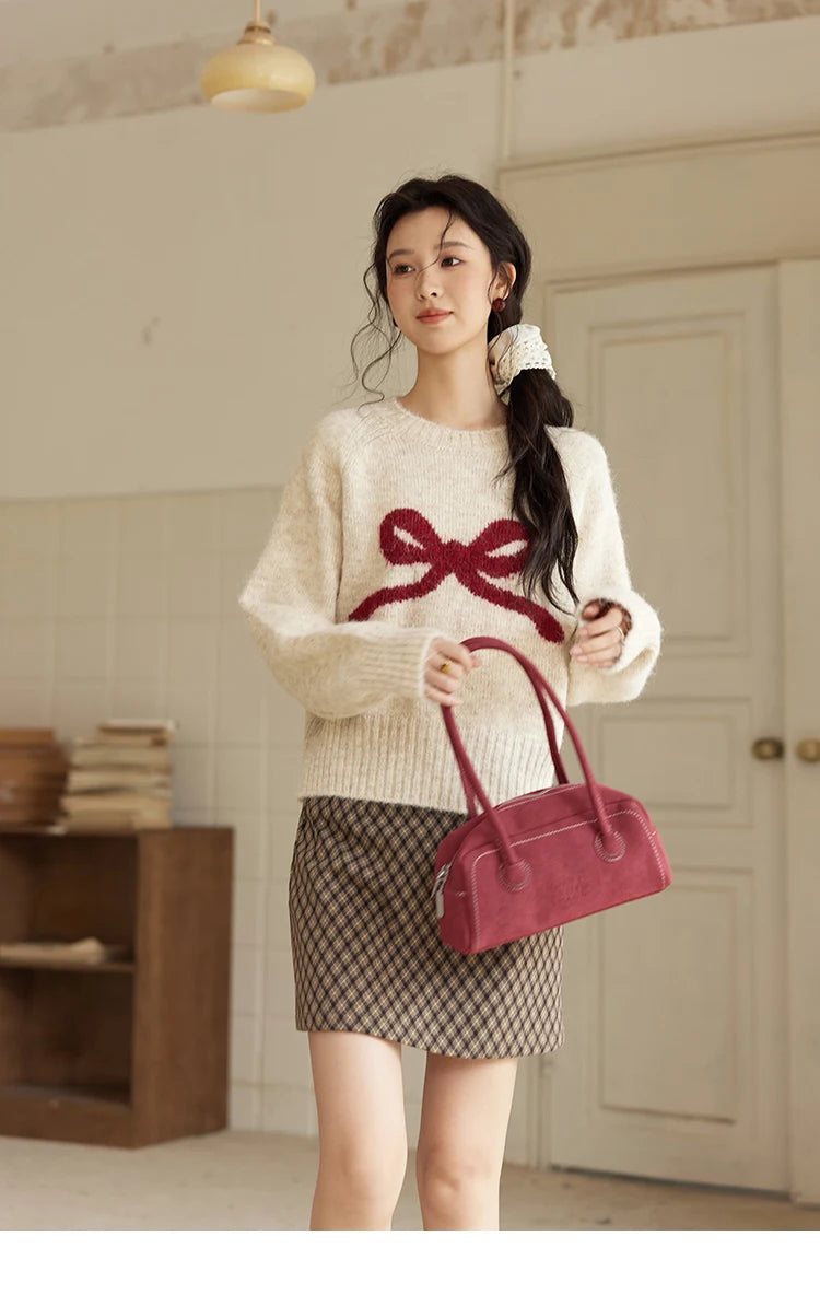 Mishow French Beige Embroidered Bow Tie O-Neck Sweater MXD35Z0944