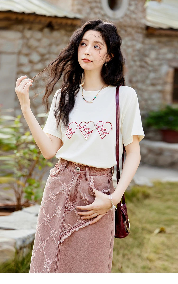 Mishow Apricot Heart Print Positive Shoulder Tee MXE11T0491