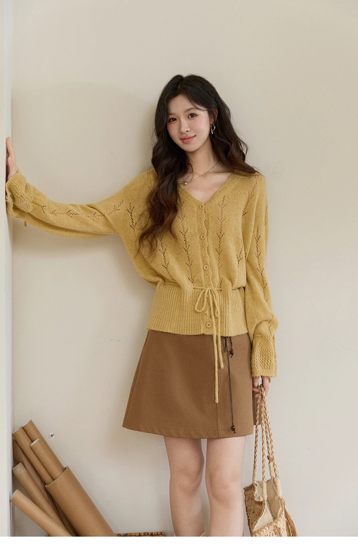 Mishow Yellow Hollow V-Neck Drawstring Cardigan MXF108Z1022