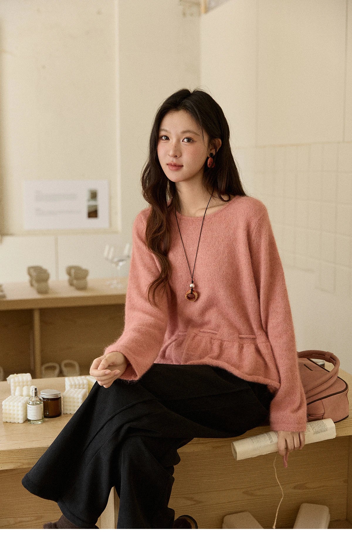 Mishow French Pink Ruffled Hem Pullover with Drawstring Belt MXE90Z2824