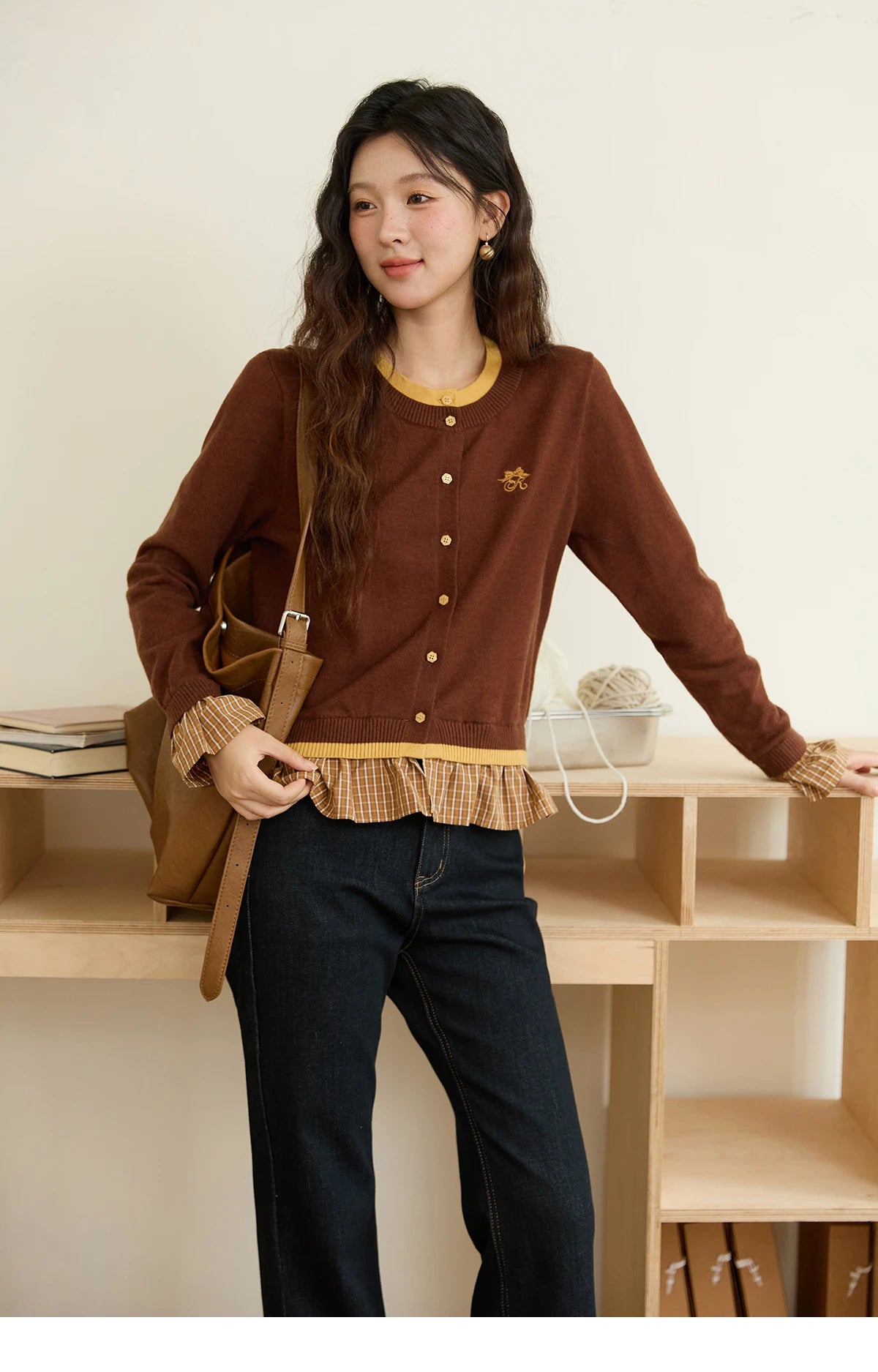 Mishow Fake Two Bow Embroidered Plaid Splicing Sweater MXE46Z2495