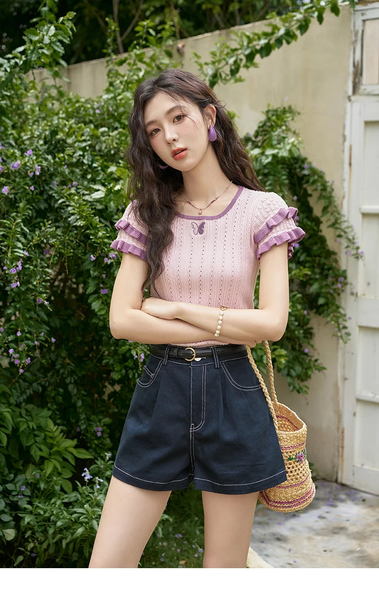 Mishow Embroidered Flower Pocket Wide Leg Denim Shorts MXD26K0707