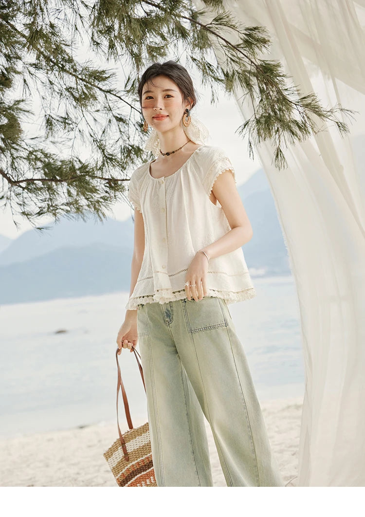 MISHOW Embroidered French Shirt Round Neck Short Sleeve MXE33X1744