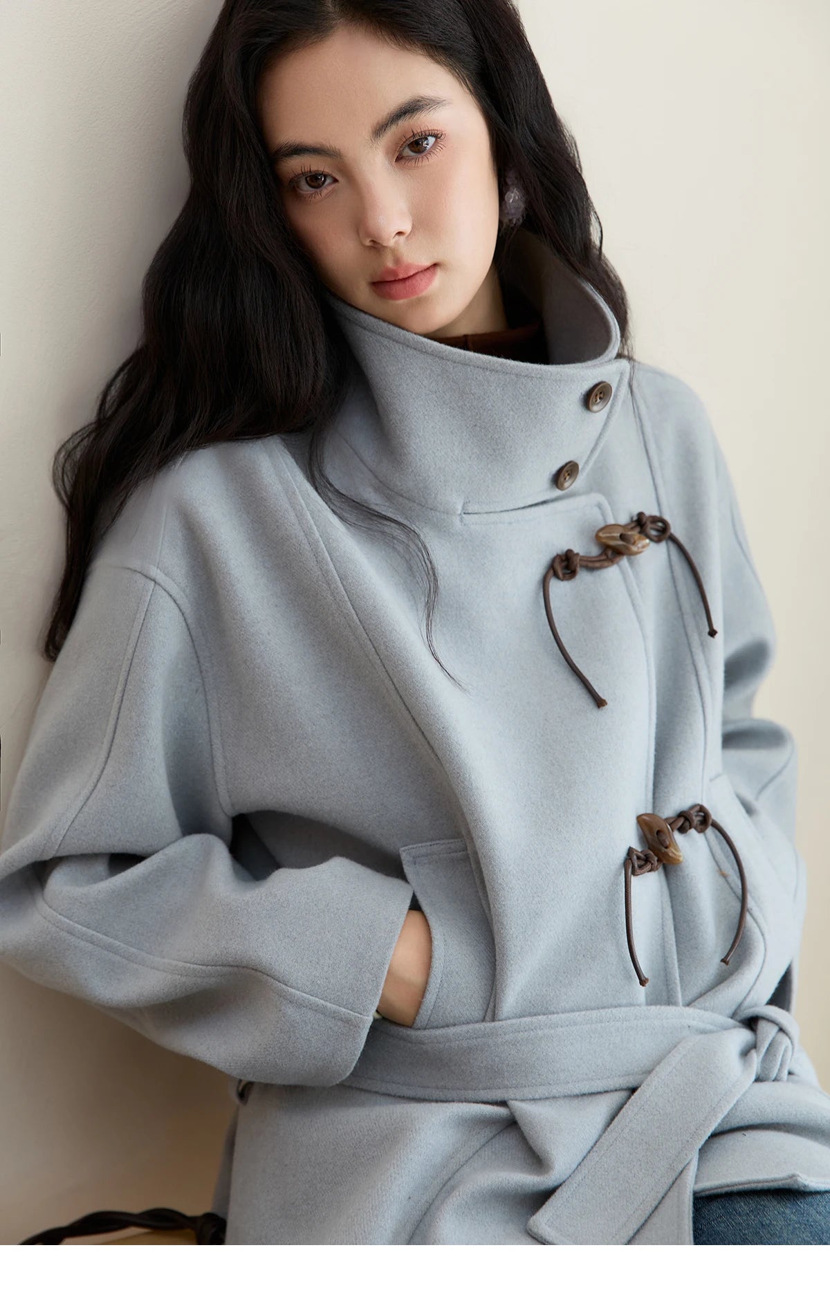 Mishow Blue Double-Breasted Lace Up Woolen Coat MXE51W0872