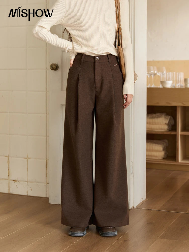 MISHOW Brown Wide-Leg Pants High Waist Drape Trousers MXE51K1094