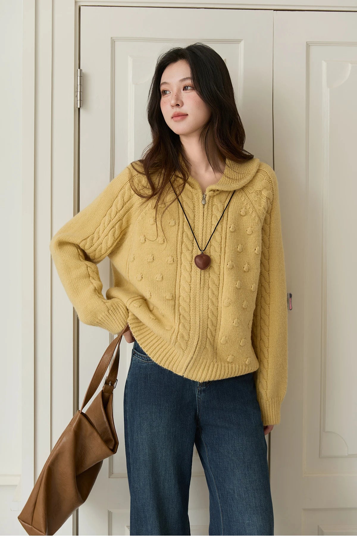 Mishow Yellow Zipper Turn-Down Collar Cardigan MXE49Z2619
