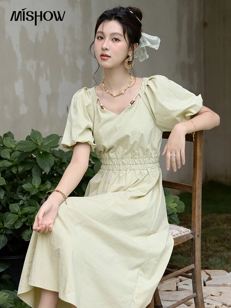 Mishow French V-Neck Bubble Sleeve Back Green Dress MXD22L1825