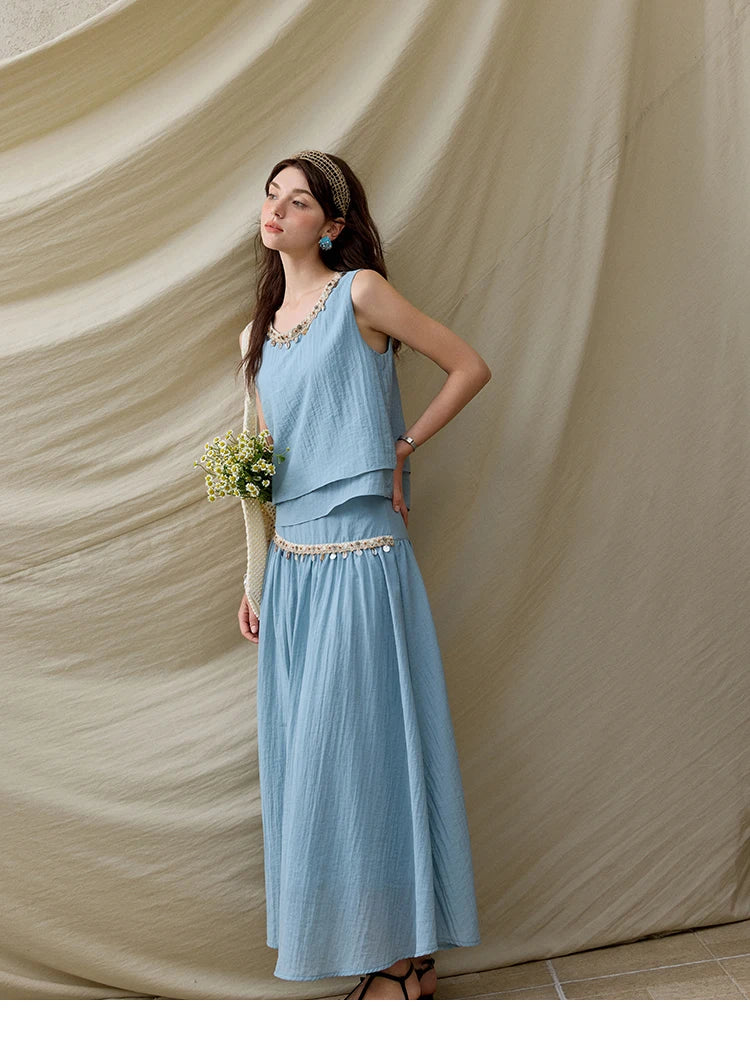 Mishow Sheel Ribbon Round Neck Top & High Waist Skirt Set MXE32T0556