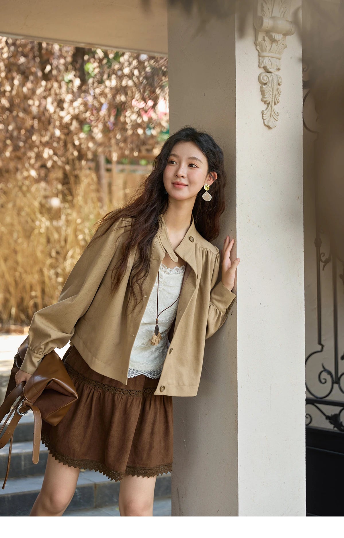 Mishow British Light Brown Stand Collar Trench MXE43W0802