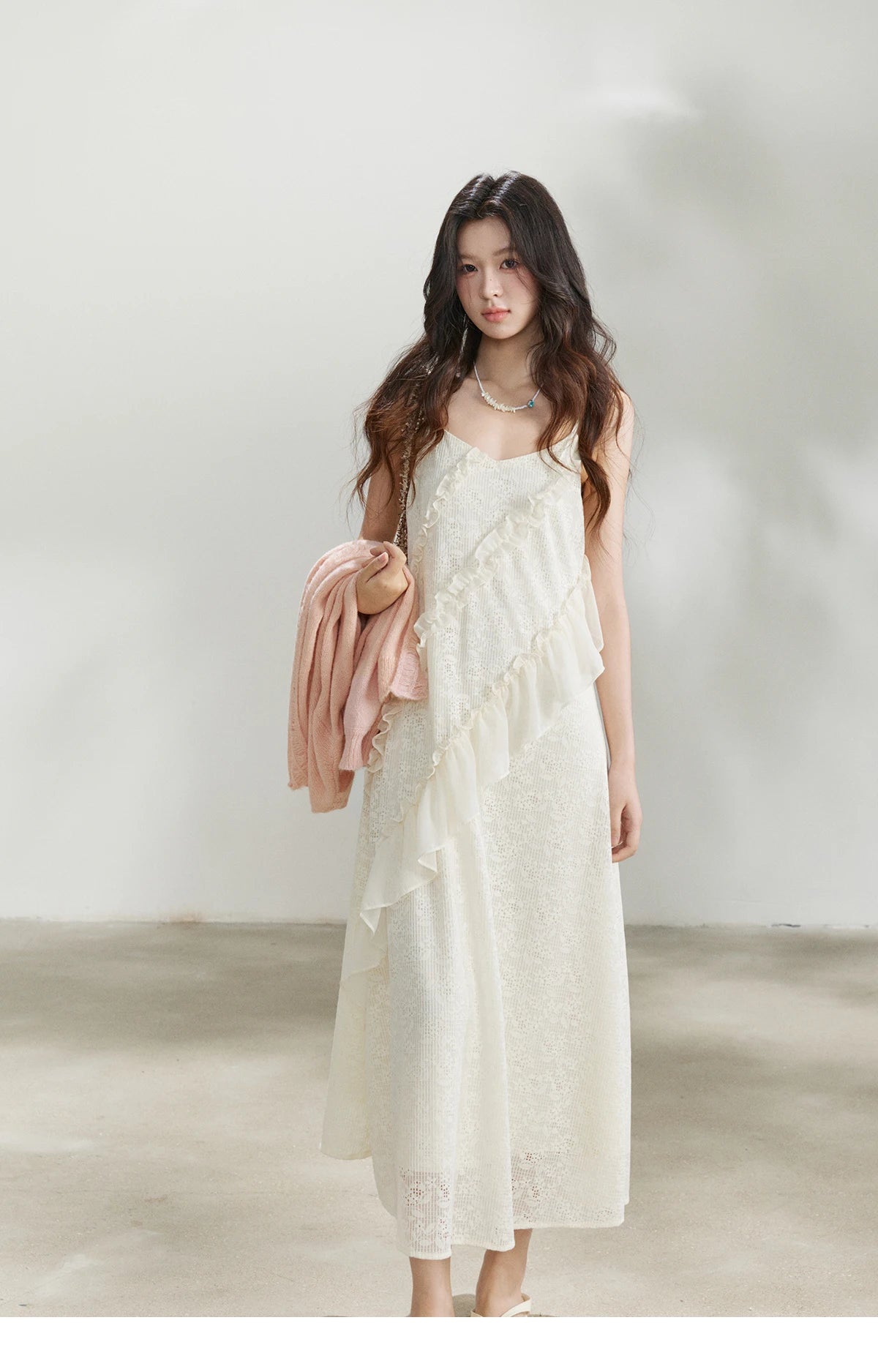 Mishow Cream Irregular Lace Ruffled Slip Dress MXF108L1005