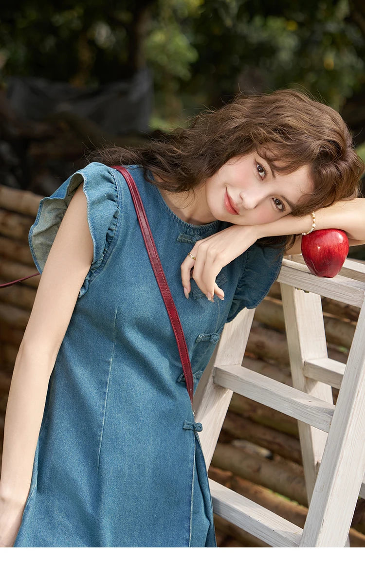 Mishow Chinese Flying Sleeve Split Denim Dress MXD22L1851