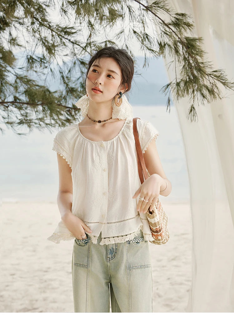 MISHOW Embroidered French Shirt Round Neck Short Sleeve MXE33X1744