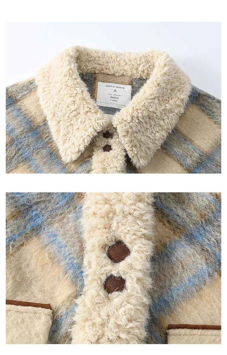 MISHOW Splicing Fleece Plaid Tweed Jacket Turn Down Collar MXD55W0574