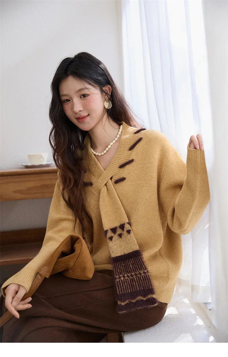 Mishow Yellow V-Neck French Workwear Pullover MXE87Z2771
