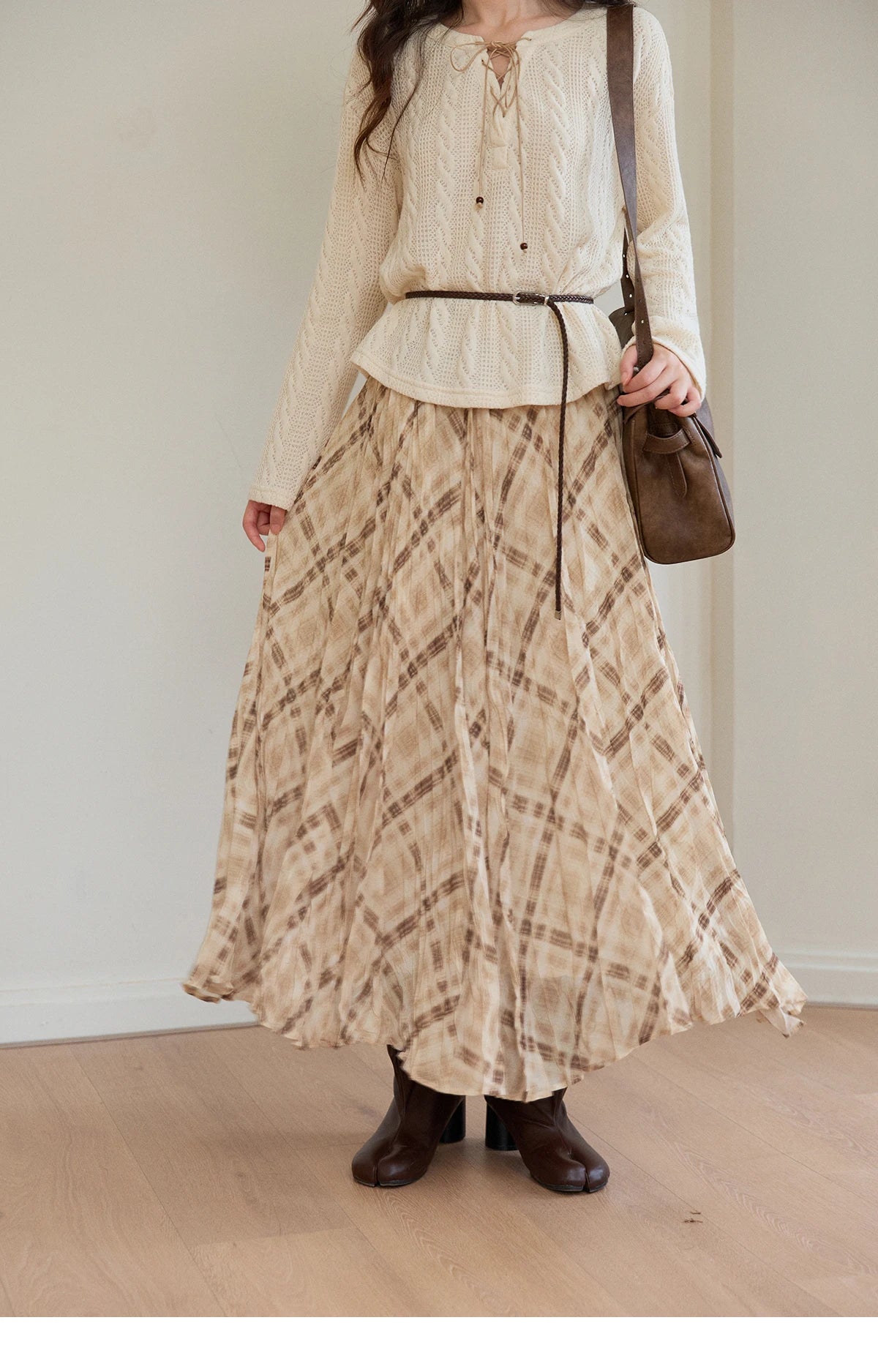 Mishow Beige V-Neck Lace-Up Cable Knit Sweater MXF108Z1029