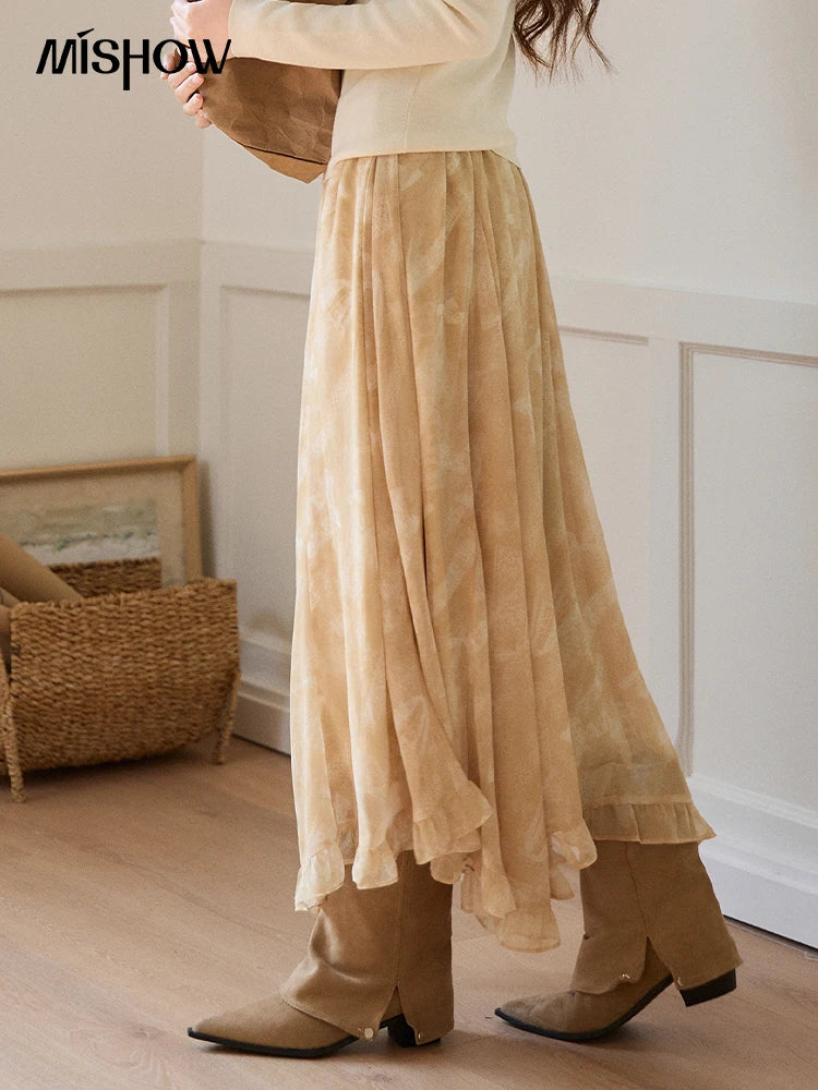 MISHOW Beige Chiffon Maxi Skirt Floral Print High Waist Ruffled Asymmetrical MXF11B2463