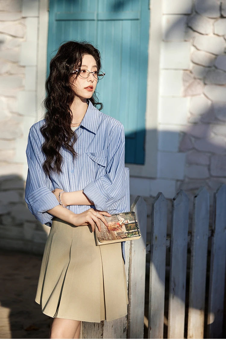 MISHOW Blue Striped Shirt Pocket Turn-Down Collar MXE11C0399