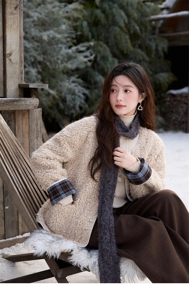 Mishow Plaid Patchwork Curly Lambswool Coat MXE87W0939