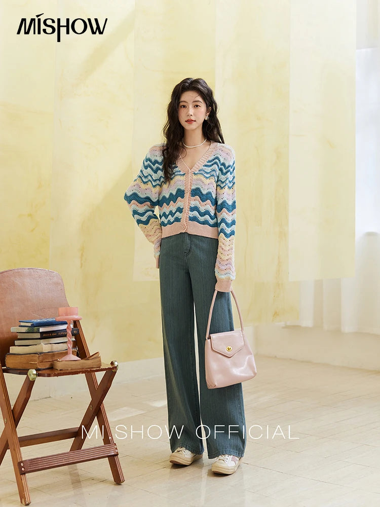 Mishow Color Stripe V-Neck Loose Cardigan MXE16Z1203