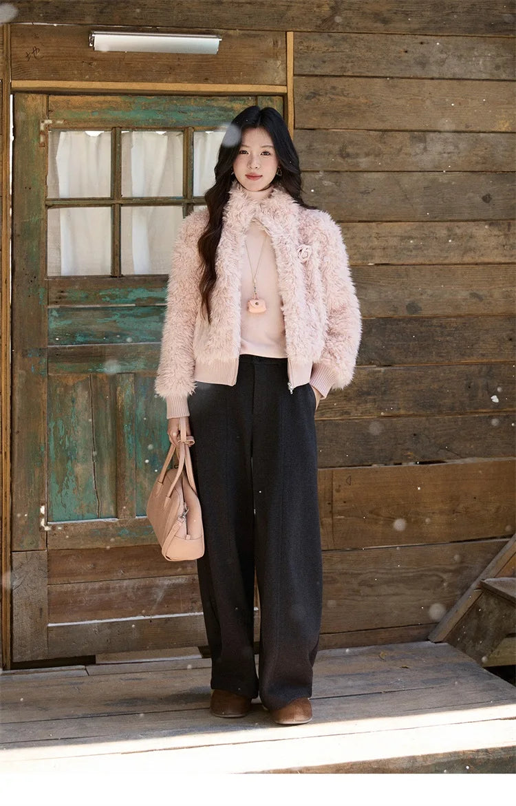 Mishow Pink Stand Collar Faux Lamb Wool Coat MXE91W0974
