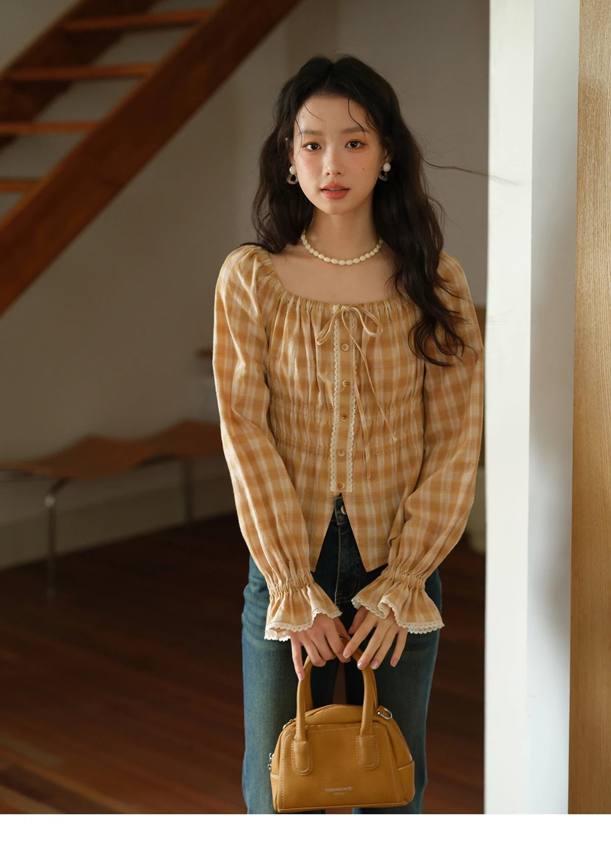 MISHOW Yellow Plaid Blouse Square Neck Puff Sleeve MXE43X1986