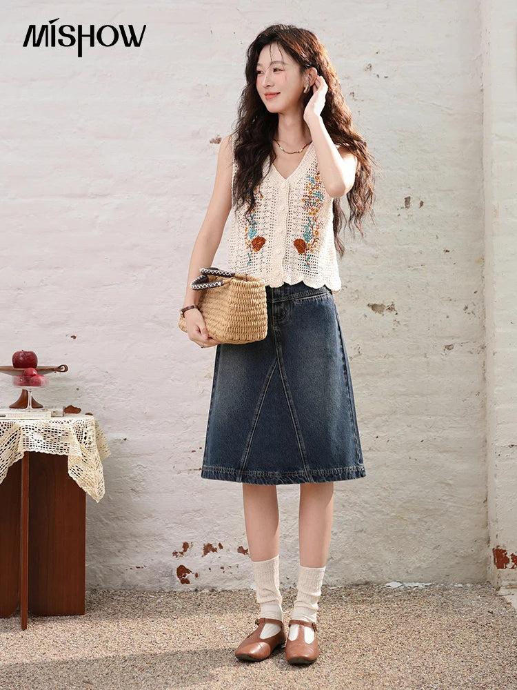 MISHOW Denim Fishtail Skirt Love Embroidered Pockets A-Line MXD28B0414