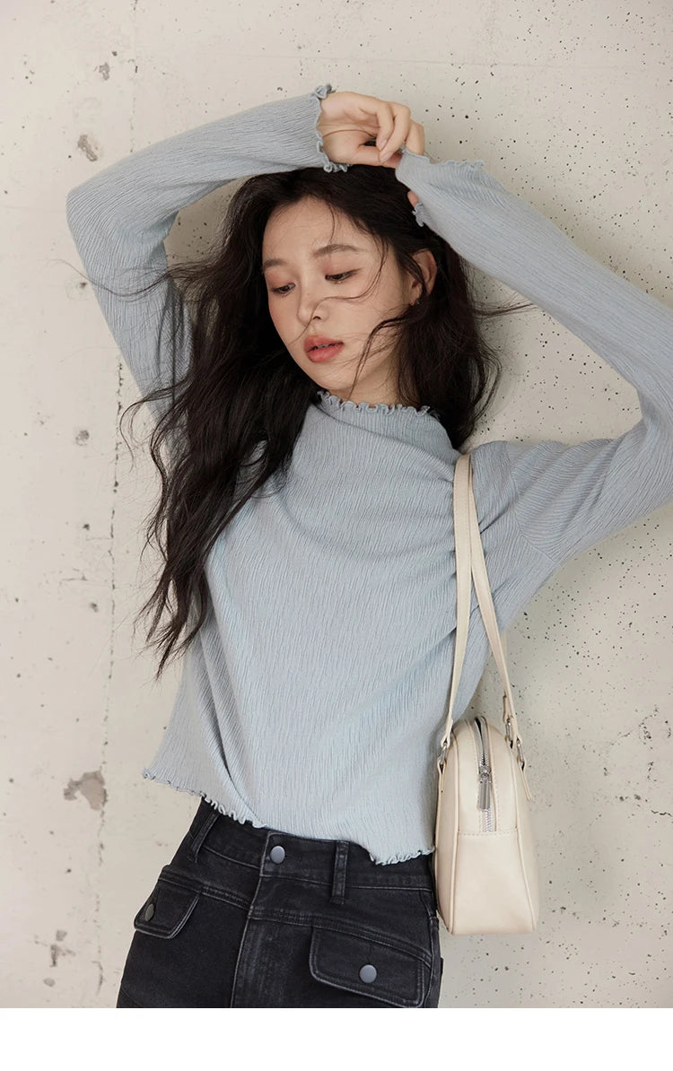 Mishow Ruffled Edge High Collar Slim Knit Top MXD48Z0850