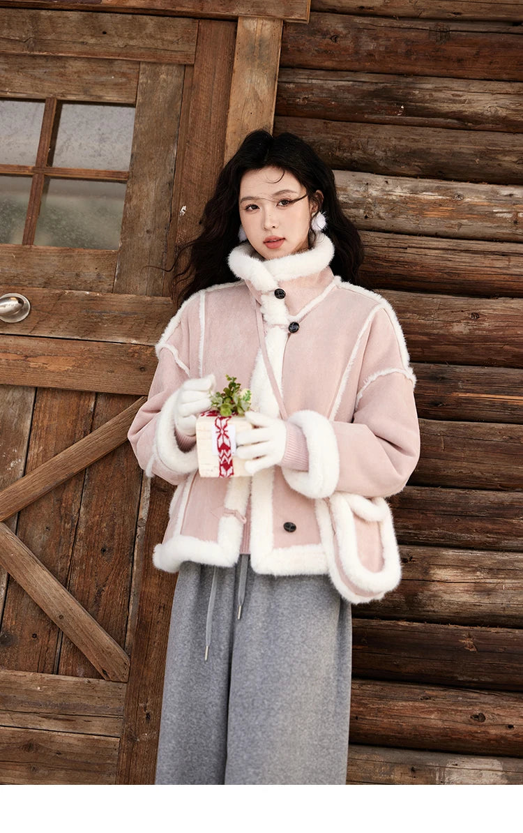 Mishow Suede Plush Fur Collar Jacket with Bag MXD57W0737