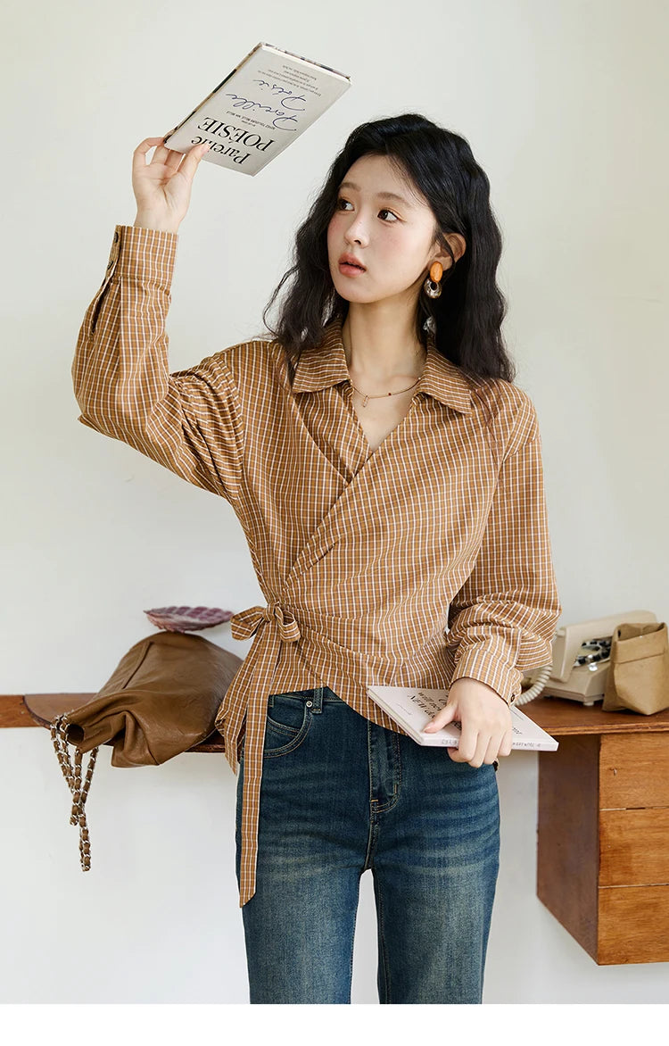 MISHOW Dark Orange Plaid Shirt Side Waist Lace-Up MXE46X2494