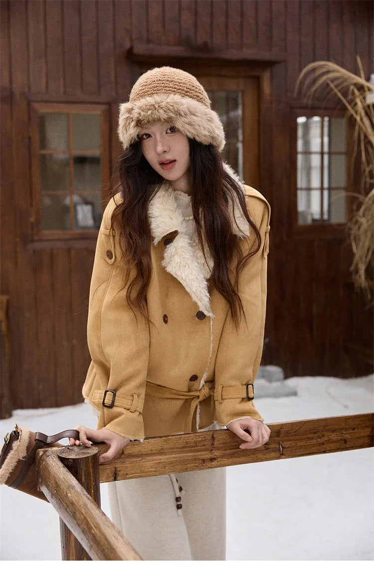 MISHOW Suede Lambskin Fleece Coat Double Breasted Windproof MXE86W0907