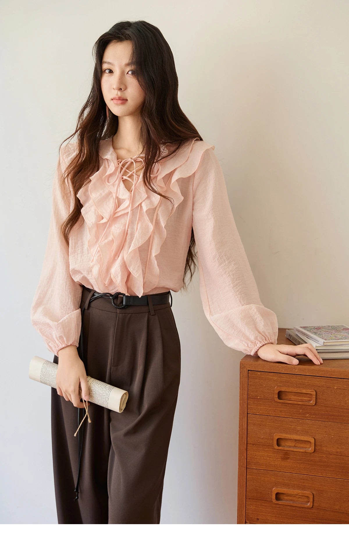 MISHOW Pink Ruffled Blouse V-Neck Lace Up Lantern Sleeve MXE49X2504
