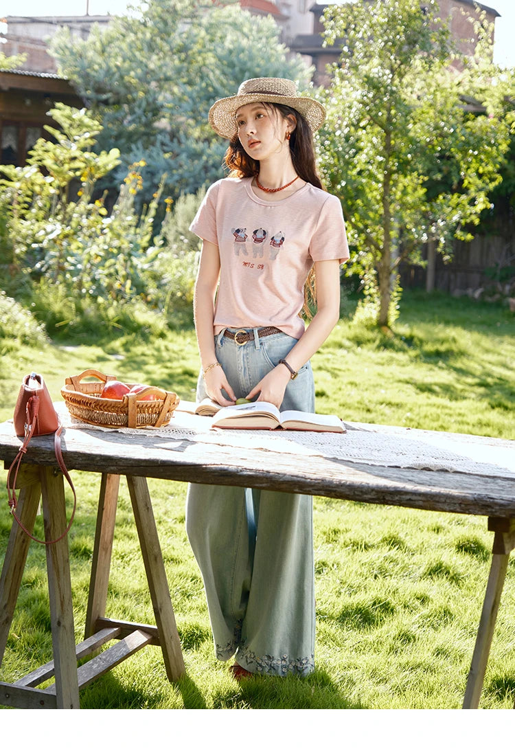 Mishow Little Bear Embroidery Round Neck Tee MXE39T0699