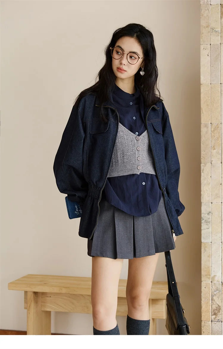 MISHOW Navy Ribbon Layered Shirt Knit Camisole Two-Piece Set MXE47T1412