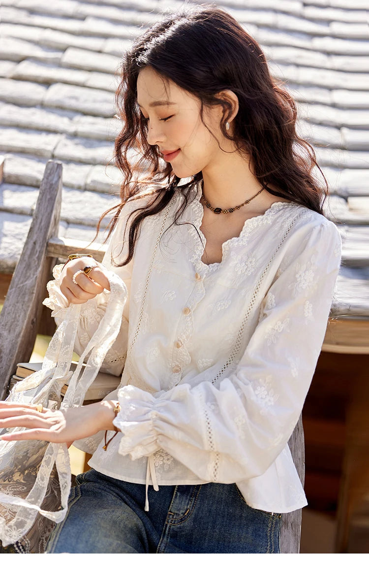 MISHOW Embroidered Lace Blouse V-Neck Drawstring MXE11X1708