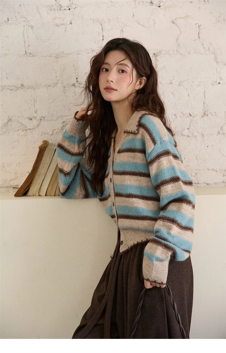 Mishow Retro Striped V-Neck Wool Cardigan MXE87Z2681
