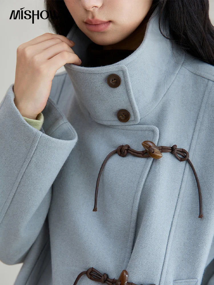 Mishow Blue Double-Breasted Lace Up Woolen Coat MXE51W0872
