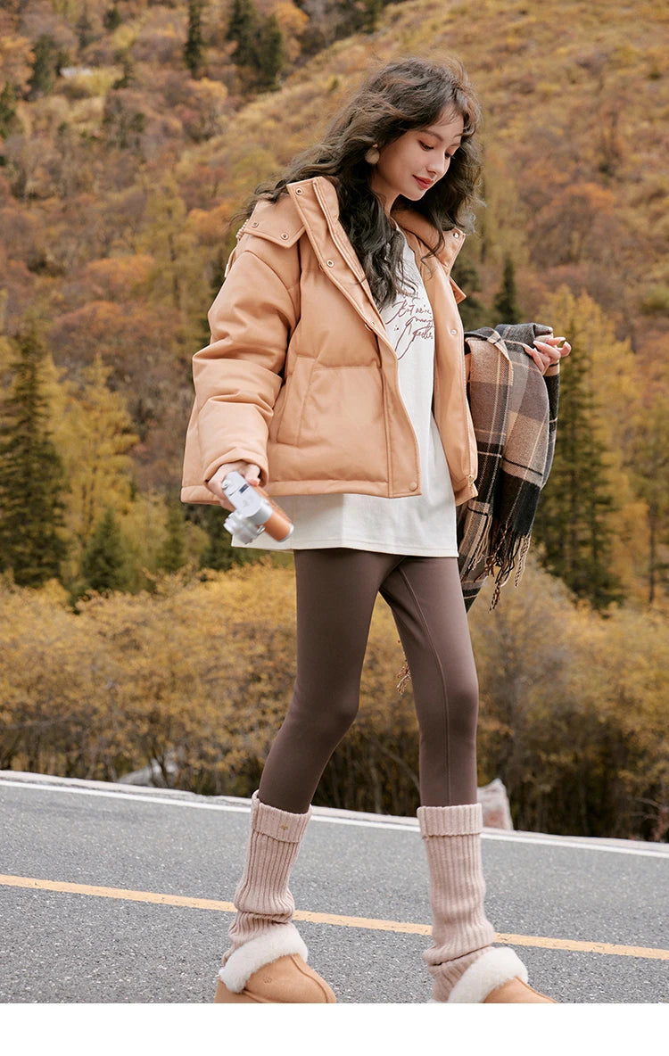 Mishow Hooded Imitation Leather Short Down Jacket MXC52Y0008