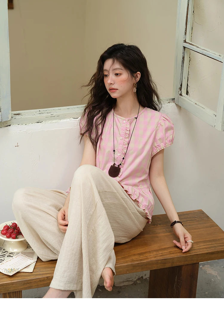 MISHOW Pink Plaid Puff Sleeve Shirt O-Neck Button MXE39X1932