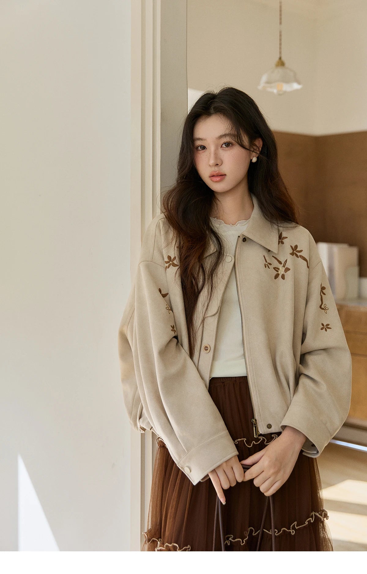 MISHOW Imitation Suede Jacket Floral Embroidery Lapel Zipper MXF11W1027