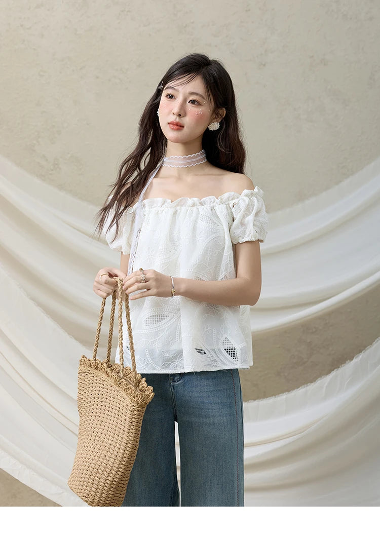 MISHOW Slash Neck Lace Blouse Short Sleeve Solid MXE35X1775