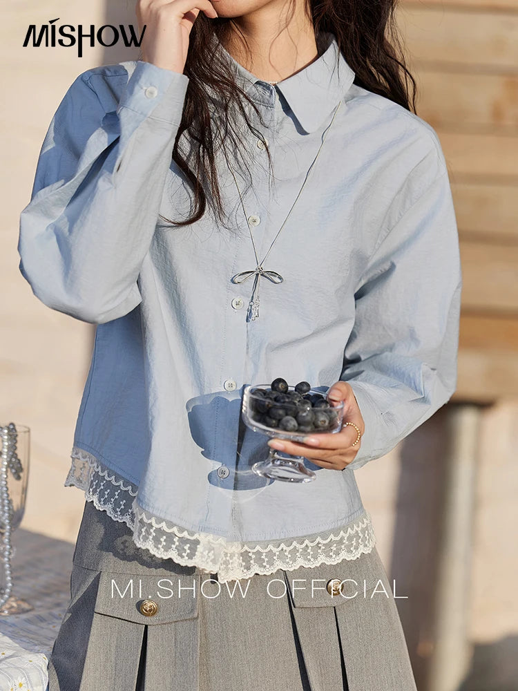 MISHOW Cotton Blue Shirt Hem Lace Lapel Collar MXE12C0410