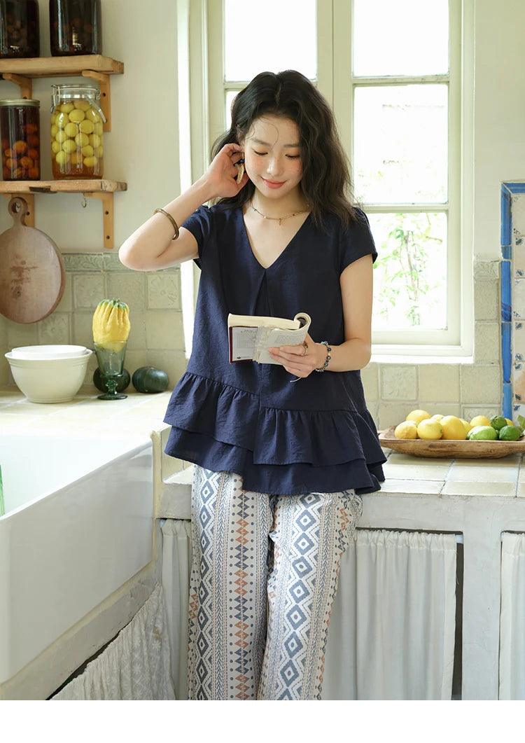 Mishow Lotus Leaf Edge V-Neck Blouse & Geometric Wide Leg Pants Set MXE39T0670