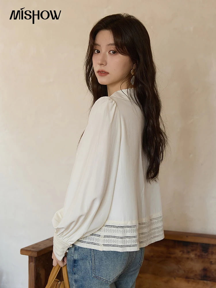 MISHOW French Lace Patchwork Shirt Butterfly Collar Lantern Sleeves MXE41C2357