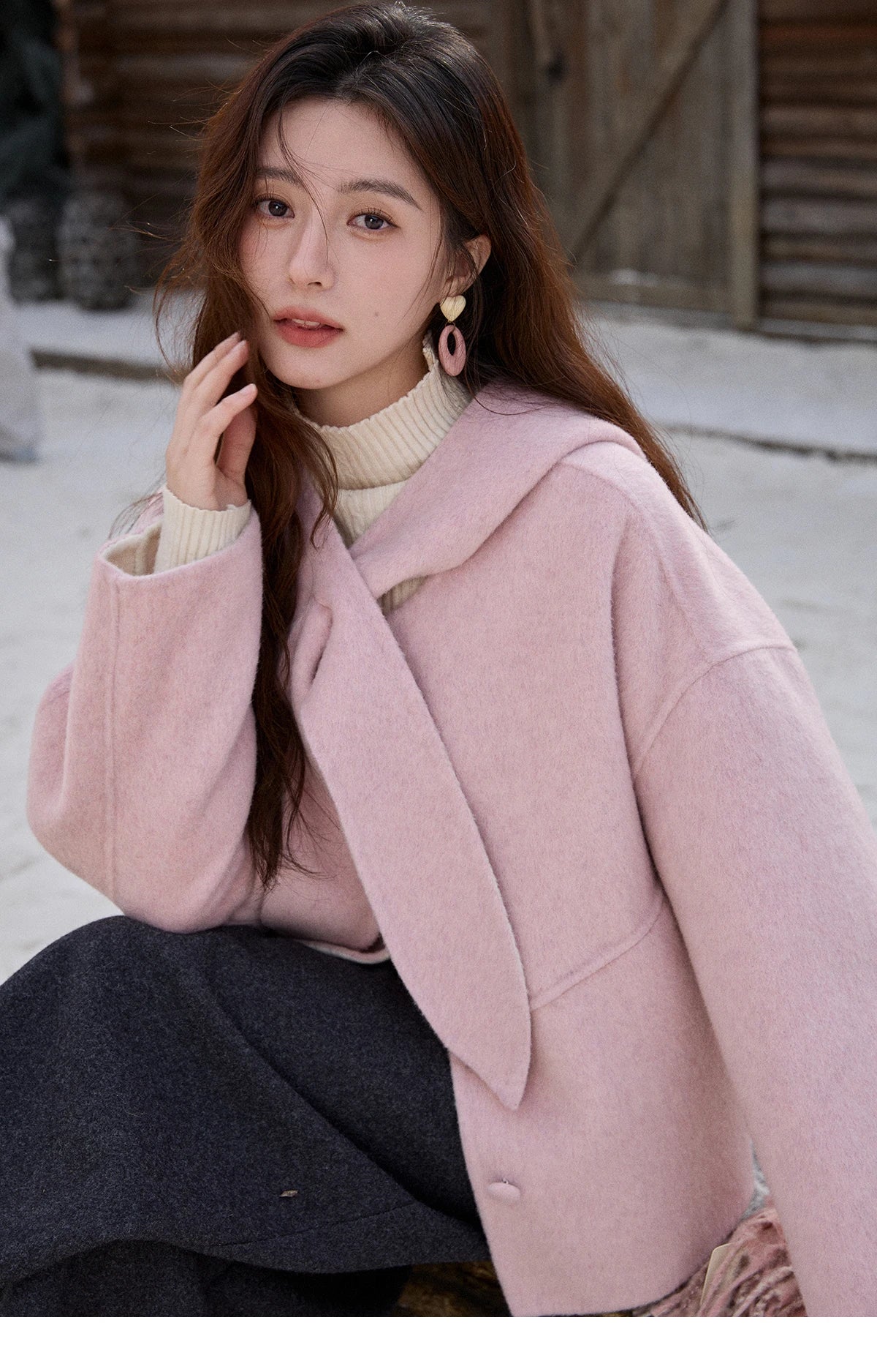 Mishow Pink Wool Hooded Bow Tie Strap Coat MXE91W1010