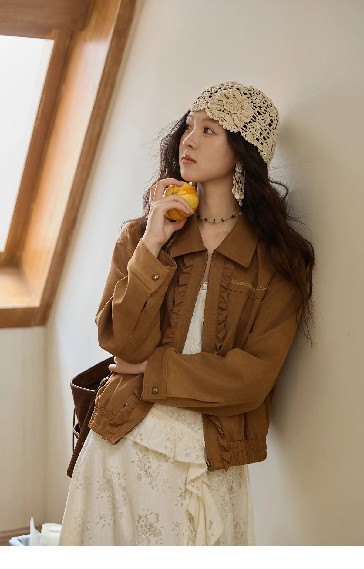 MISHOW Brown Suede Short Coat Fungus Edge Pleating Lapel Zipper MXE43W0803