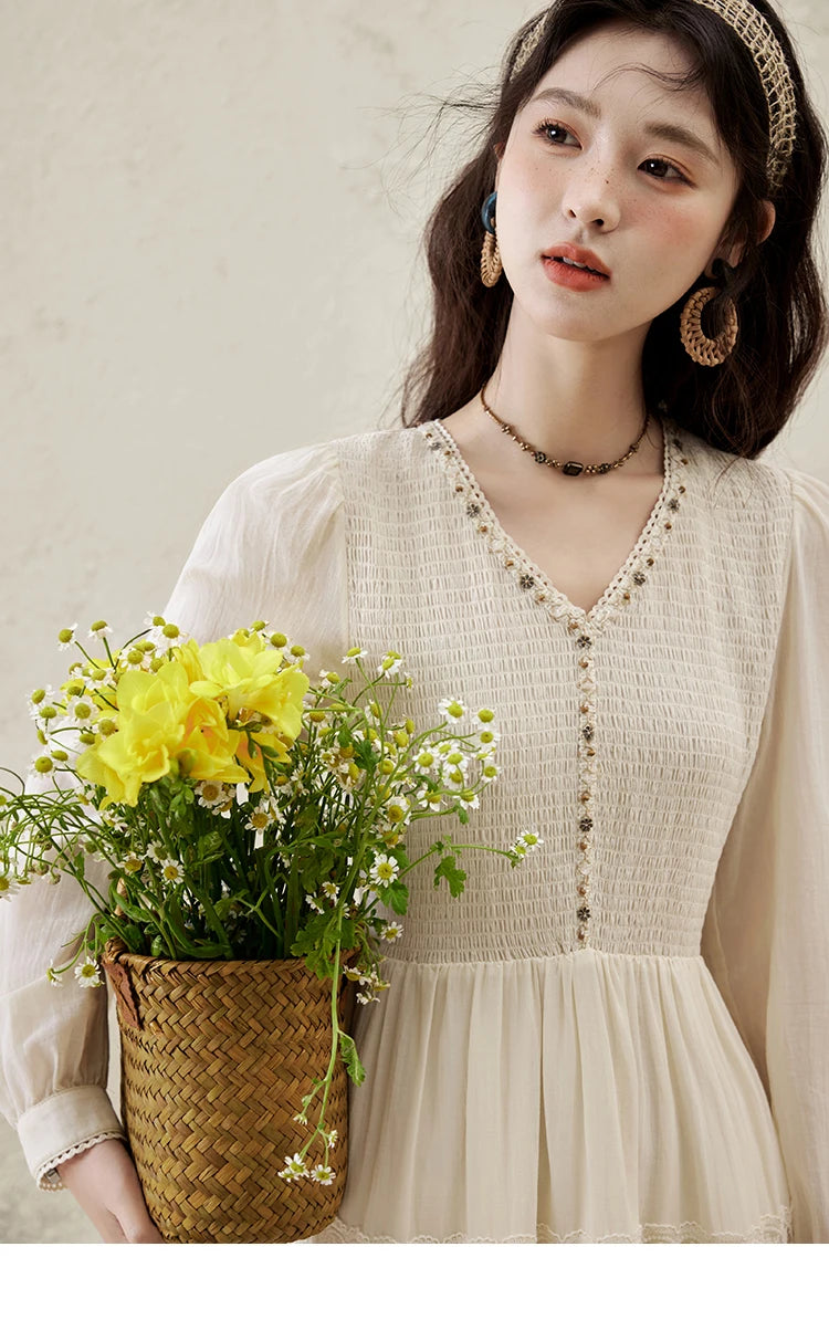 Mishow Apricot 100% Cotton Splicing Lace Dress MXE16L2168