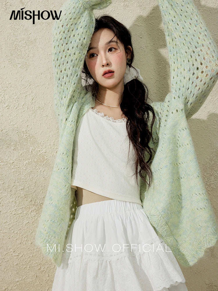 Mishow Green Hollow Out Wave Neck Cardigan MXE12Z1212